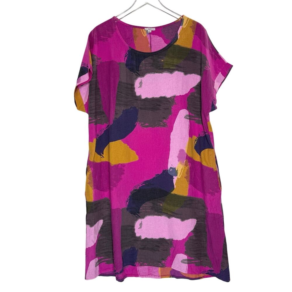 Kaktus Linen Shift Midi Dress 1X Pin Abstract Brushstroke Pattern Made in Italy - Picture 1 of 7